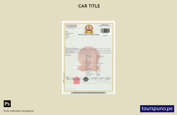 Plantilla de certificado de registro de vehículo de Zambia lista para imprimir